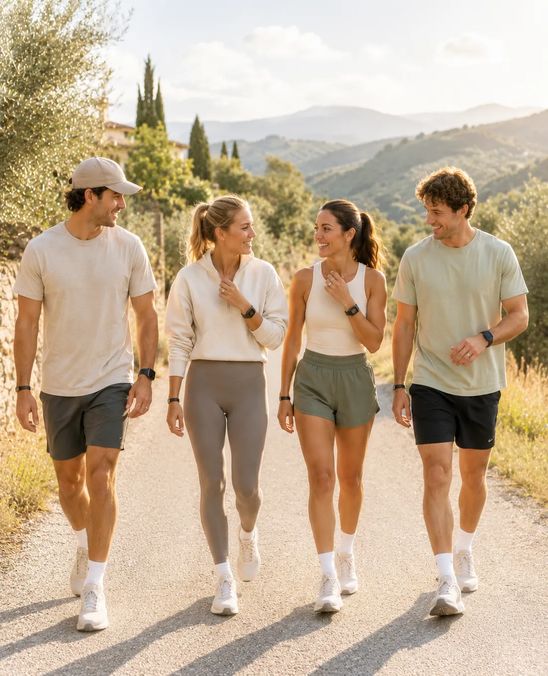 Four friends walking together along a country road