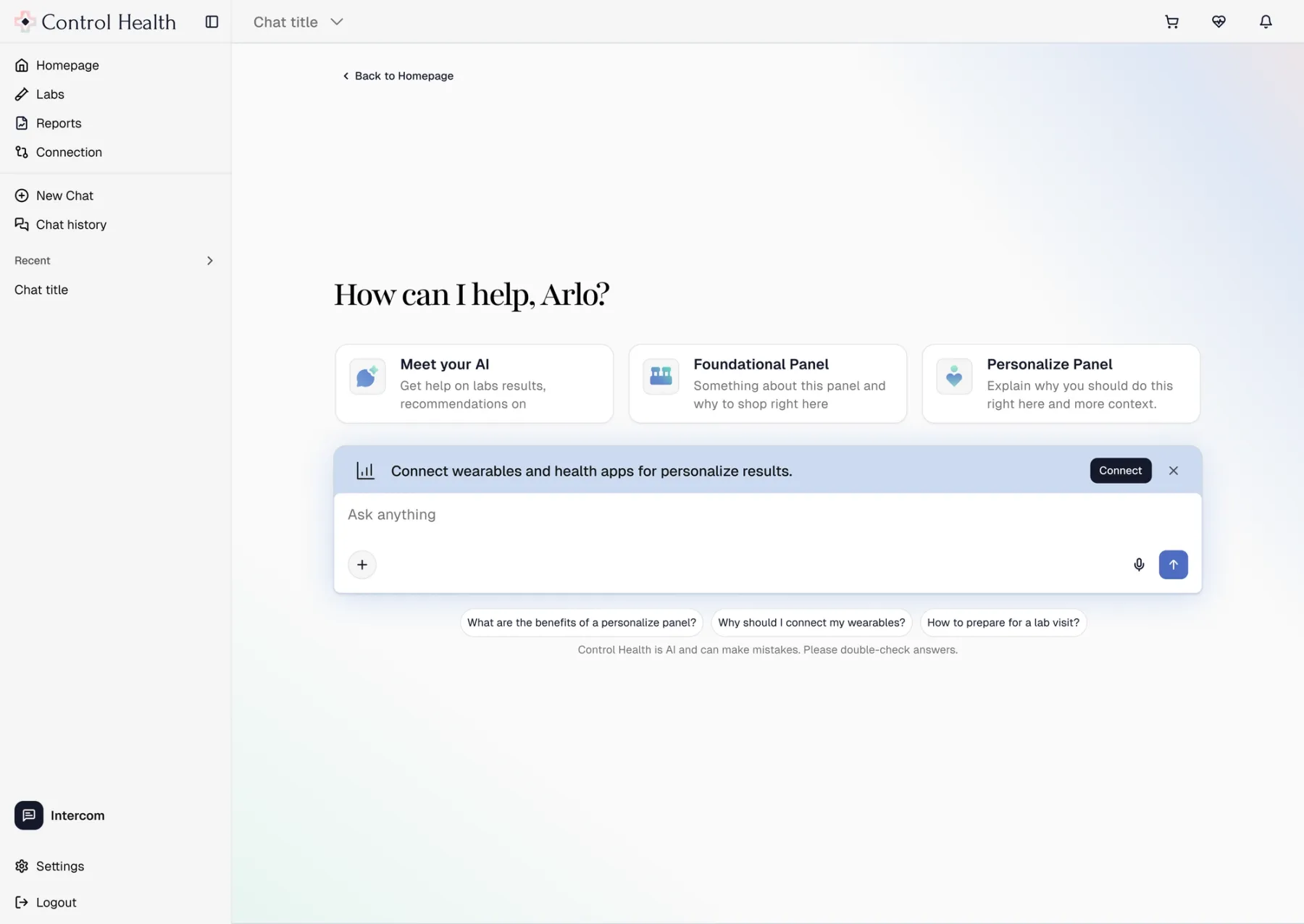 The Control Health dashboard, with a chat thread beside a connected health record